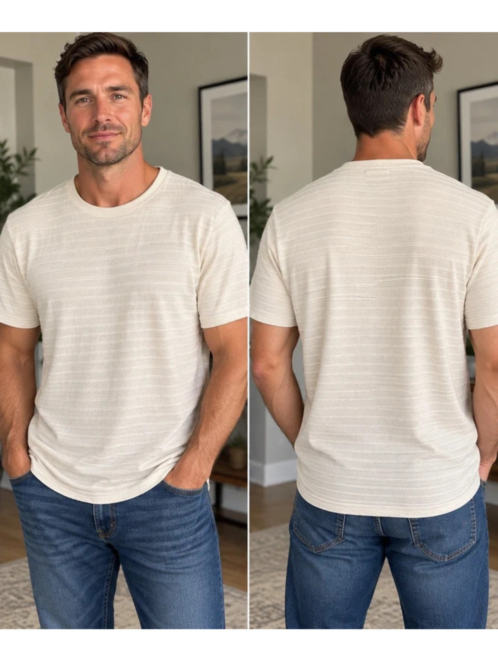Denim & Flower Ricky Singh Men’s XL Ivory Textured Stripe Short Sleeve T-Shirt